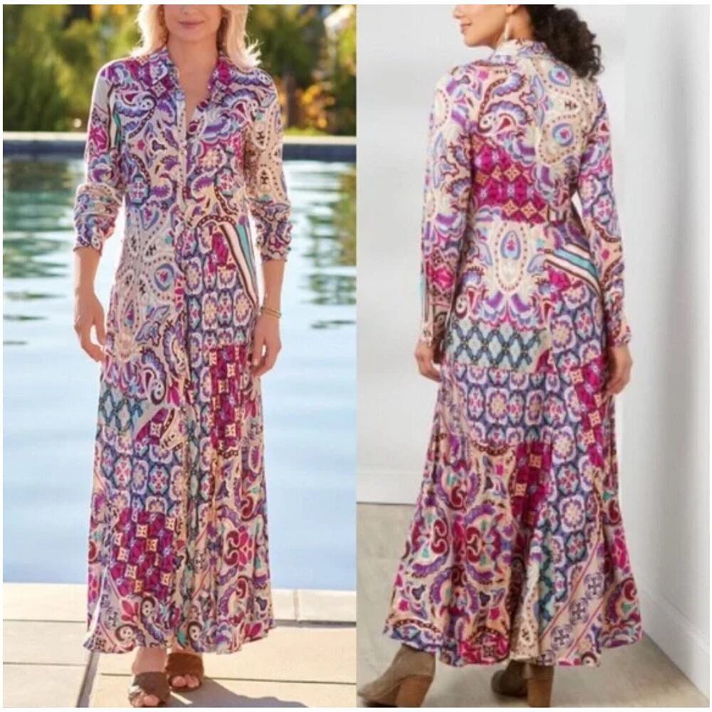 Soft Surroundings Palmero Maxi Dress Floral Fuschia Soho Shirtdress Pink Gold PS